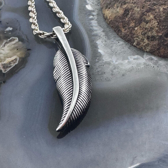 Sterling Silver Southwestern Style Engraved Feather Unisex Pendant - Picture 6 of 10
